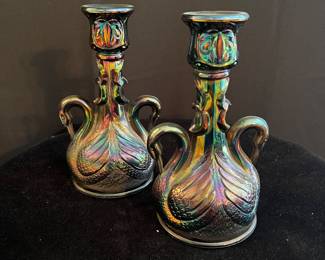 FENTON AMETHYST DOUBLE SWAN TALL TAPER - SOLD AS A PAIR