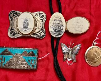 Sterling Silver and turquoise belt buckle, matching buckle, bolo tie and money clip, sterling butterfly pin/brooch