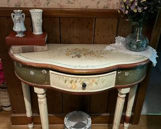 Tole painted table, vintage books 