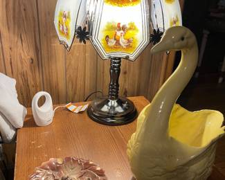 Rooster lamp, vintage ceramic ashtray and Sean 