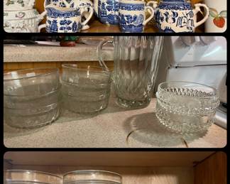 Japan Blue Willow Tepot, Creamer and Sugar, Small Pitcher and Mug,   Assorted Vintage Glassware