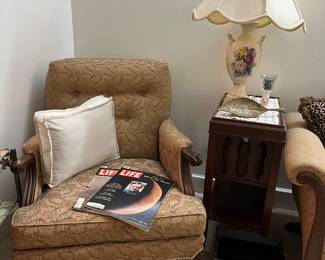 Pink brocade chair 1 of 2 beautiful end tables, Life Magazines about Moon Exhibitions