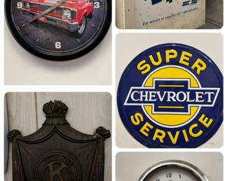 Chevy and Big Boy Clocks, Chevy Metal Sign, Kiwanis Plaque and Vintage First Aid Hanging Kit