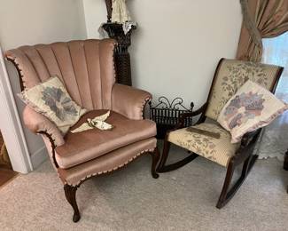 Pink Velour Chair and Ladies Rocker, Quilt Pillows