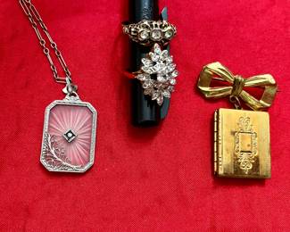 Art Deco pendant, Gold fill rings, vintage locket pin/brooch