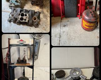 Engine Blocks, Mechanic Creepers, Vintage Gas Can, Display Racks and lots of Car Parts