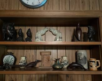 Large Collection of Mexico Hand Carved Figures, Horse stone bookends, Mexican Pottery Vases 