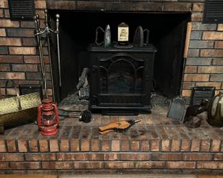 Brass firewood holder, cast iron irons, electric heater , Meaders Pottery Jug, Matches Holder