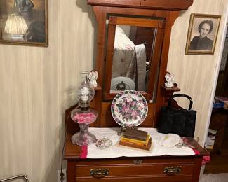 Early Dresser with Mirror, Reptile Purse, vintage books and more 