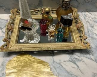 Oscar perfume, handheld mirror, milk glass vase and more 
