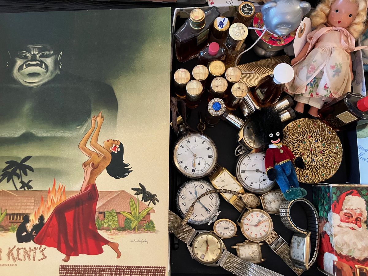 Rare vintage perfumes, vintage watches, tons of vintage dolls, vintage ephemera Signed Skipper Kent's perfect condition mean. tons of collectables