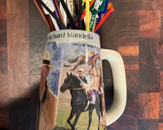 vintage horse racing mug with vintage drink swizzle sticks, Playboy , Harrahs, MGM, Tropicana,Bally's, Rio,Desert Inn, etc..
