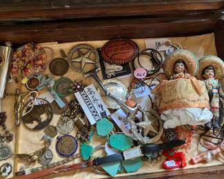 vintage charms, pins, dolls,