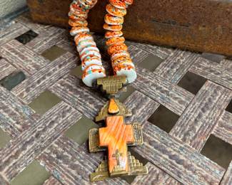 Spiney Oyster Brass Cross Necklace Signed BC