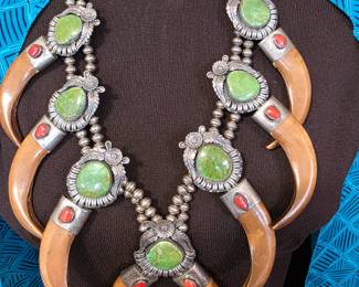 Maker Unknown- carved pecan claws, Turquoise and Coral