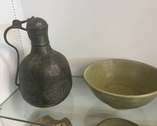 Asian brass jug and celadon bowl