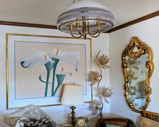 Flower lamp and several large Hollywood Regency gold mirrors
