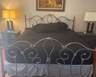 King wrought iron bed with end tables and lights $300        picture $100