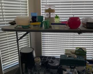 miscellaneous kitchen items, fishing gear