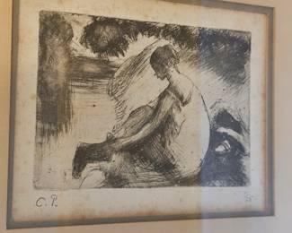 (Bather Putting on Her Stockings), an etching by Camille Pissarro. 