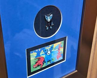 George Rodrigue Blue Dog Mardi Gras Lapel Pin framed