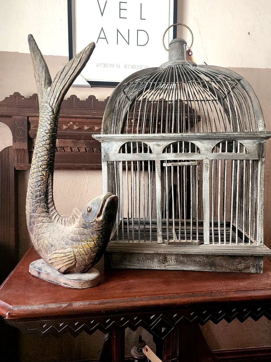 Antique Birdcage and Fish Sculpture