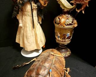 Armand Marseilles Doll. Ca. 1900, Native American Turtle Shell Shield and 1870's Austrian Majolica Ewer