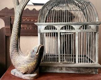 Antique Style Birdcage and Fish Sculpture
