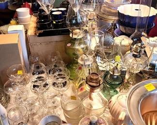 Various Kitchenware, Fine Dining Articles and Antique Oil Lamps