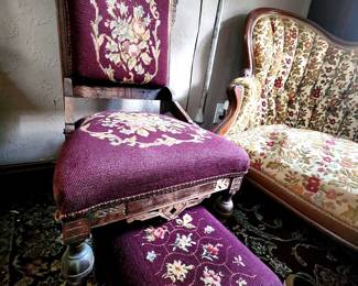Victorian Eastlake Needlepoint Upholstered Chair and Footstool