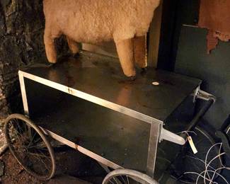 Serving Cart and Oversized Folk Art Stuffed Sheep