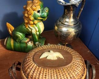 Chinese Glazed Pottery Foo Dog, Nantucket Style Basket and Victorian Silver Plate Pitcher