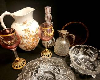 Pair of Czech Glass Goblets, 19th C. Brilliant Cut Glass or Crystal Bowl, EAPG and Victorian Chamber Pitcher