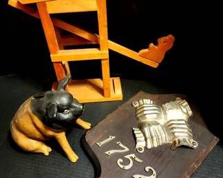 Folk Art Marble Shooter, Piggy Bank and 1752 Philadelphia Fire Insurance Sign c. 1930's