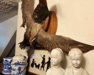Taxidermy Duck, Chinese Porcelain, Antique Silhouette and Pair of German Busts