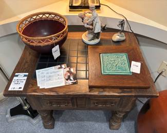 Globe Furniture Tile Top Side Table, Framed Pewabic Tile, Woven Wooden Raffia Bowl