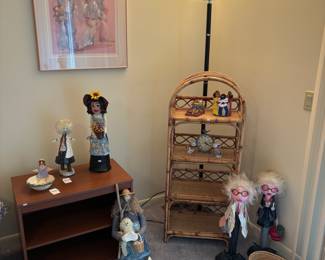 Wicker Shelf, Wooden Side Table, Floor Lamp, Wall Art 