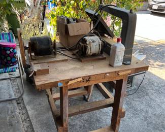 This workbench supports a Sears & Roebuck scroll saw and a very large sanding disc (the disc is better seen in other photos).
