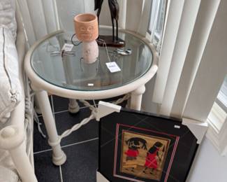 Glass Top Side Table, Stone Figure Planter, White Art Pottery Vase