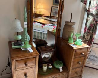 Edwardian Dressing Vanity, Westmoreland Jadeite Candlestick, Antique Stoneware Butter Churn, Jadeite Lotus Bowl, Jadeite Vanity Box, Empoli Jadeite Genie Bottle