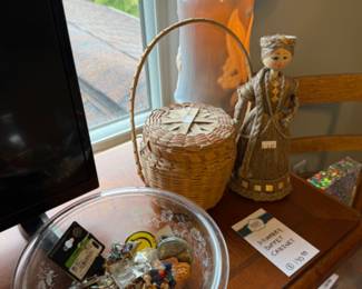 Hammary Buffet Cabinet, Misc Pins, Mini Basket, Decorative Lamp