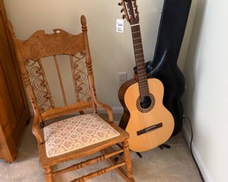 Antique Wooden Chair, 2014 Kremona Fiesta Guitar with Stand
