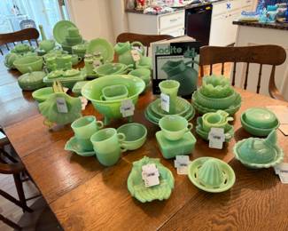 Mosser Jadeite Hen Lidded Dish, Uranium Jadeite Measuring Cups, Uranium McKee Refrigerator Dish, Jadeite Art Deco Vase, McKee Uranium Jadeite Punch Bowl, Jadeite Scallop Shell Dish, Large Fire King Refrigerator Dish, Fire King Jadeite Ball Pitcher, Uranium Jadeite Sugar Flour Shakers 