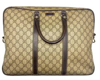 Gucci GG Supreme Monogram Briefcase with Brown Leather Trim