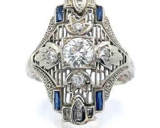 Vintage Estate! Fine Design 0.93 Carat Natural Diamond & Sapphire 1930s Estate Art Deco Ring in 18k White Gold