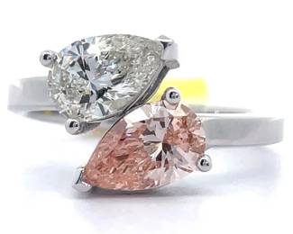 2 Carat Fancy Pink & White Diamond Pear Two-Stone Bypass Ring in 14k White Gold