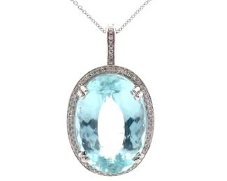 26 Carat Aquamarine & Natural Diamond Oval Pendant Estate Necklace in 14k White Gold