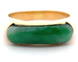 Hawaiian Estate! Green Jade Elongated Bar Ring in 14k Yellow Gold