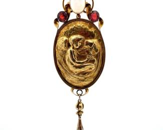 Antique Estate! 2 Carat Antique 1910s Estate Art Nouveau Handmade Angel / Cherub Opal, Garnet, Pearl Necklace in 14k Yellow Gold