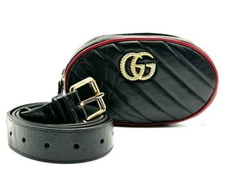 Gucci GG Marmont Black Matelassé Leather Belt Bag with Red Trim